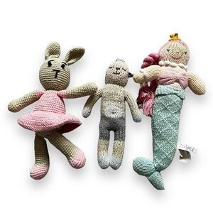 THREE Infant Plushies Toys Crochet Rabbit Knit Zubels Mermaid Blabla Knit Lamb